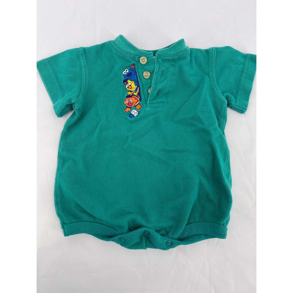 Vintage Sesame Street Baby Romper 3 6M Green Embroidered Cookie Monster Bert